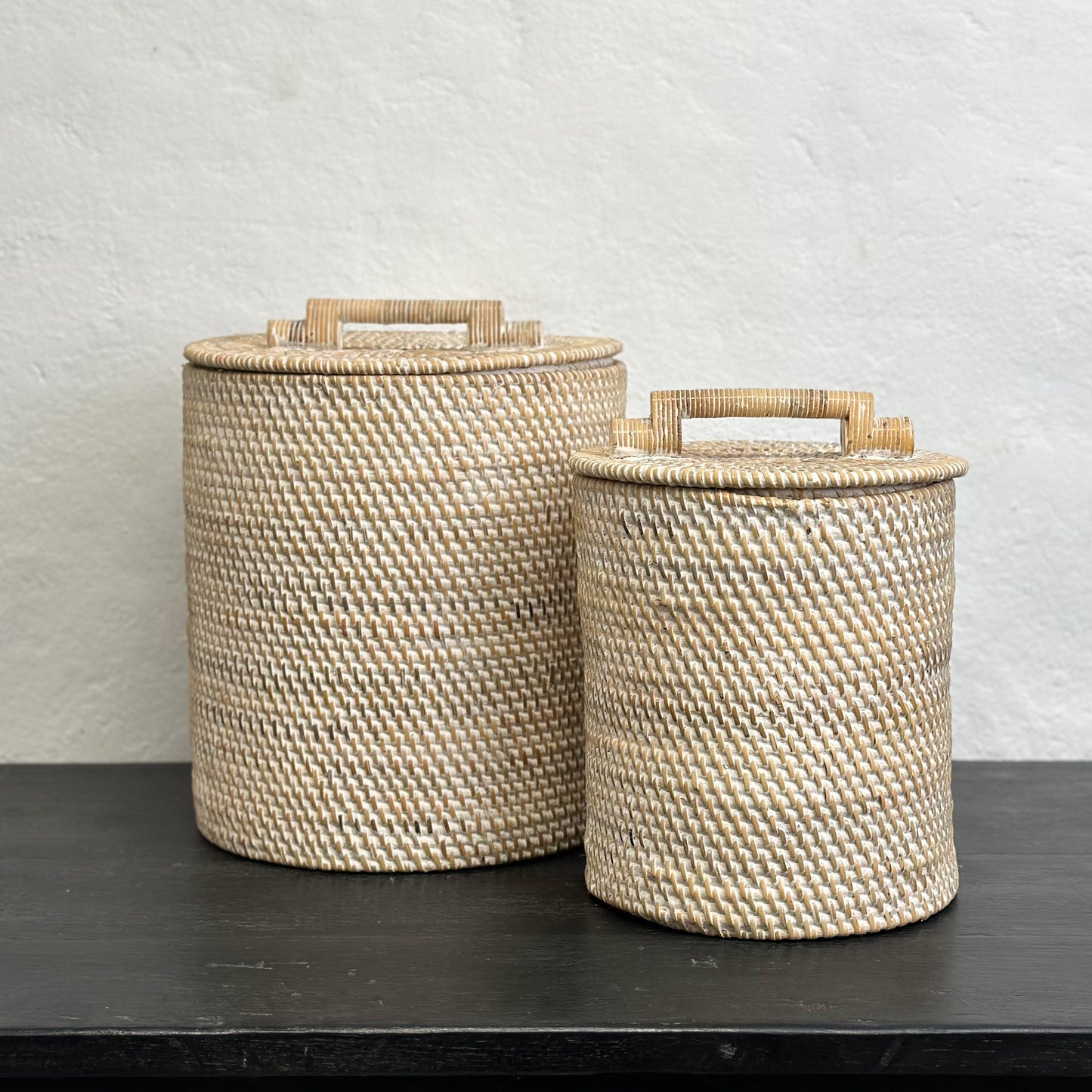 Round Rattan Bin Basket with Handled Lid