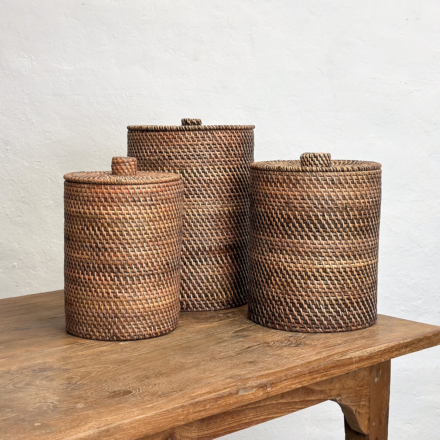 Cylindrical Rattan Basket with Lid