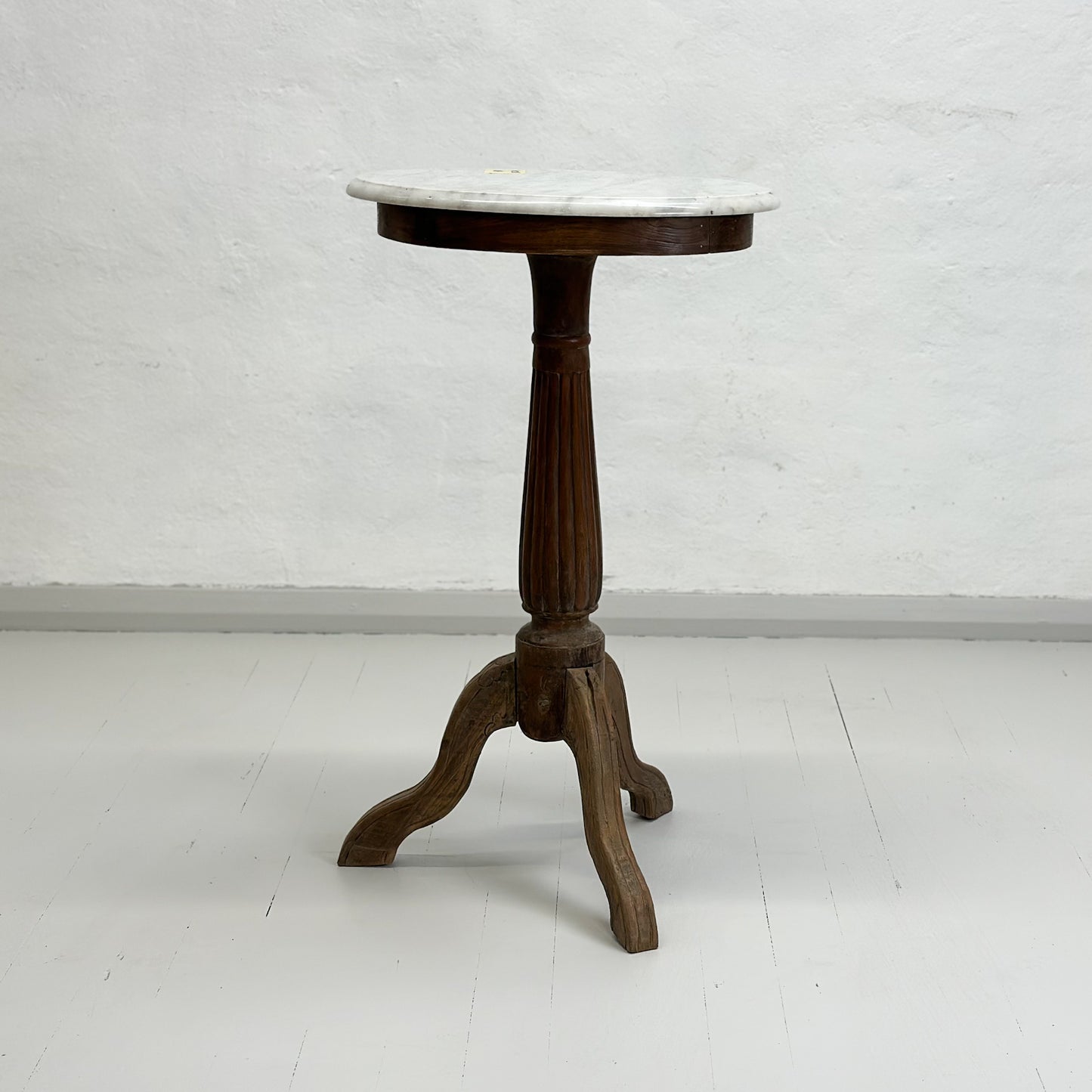 Vintage Teak Pedestal Vase Table with Marble Top