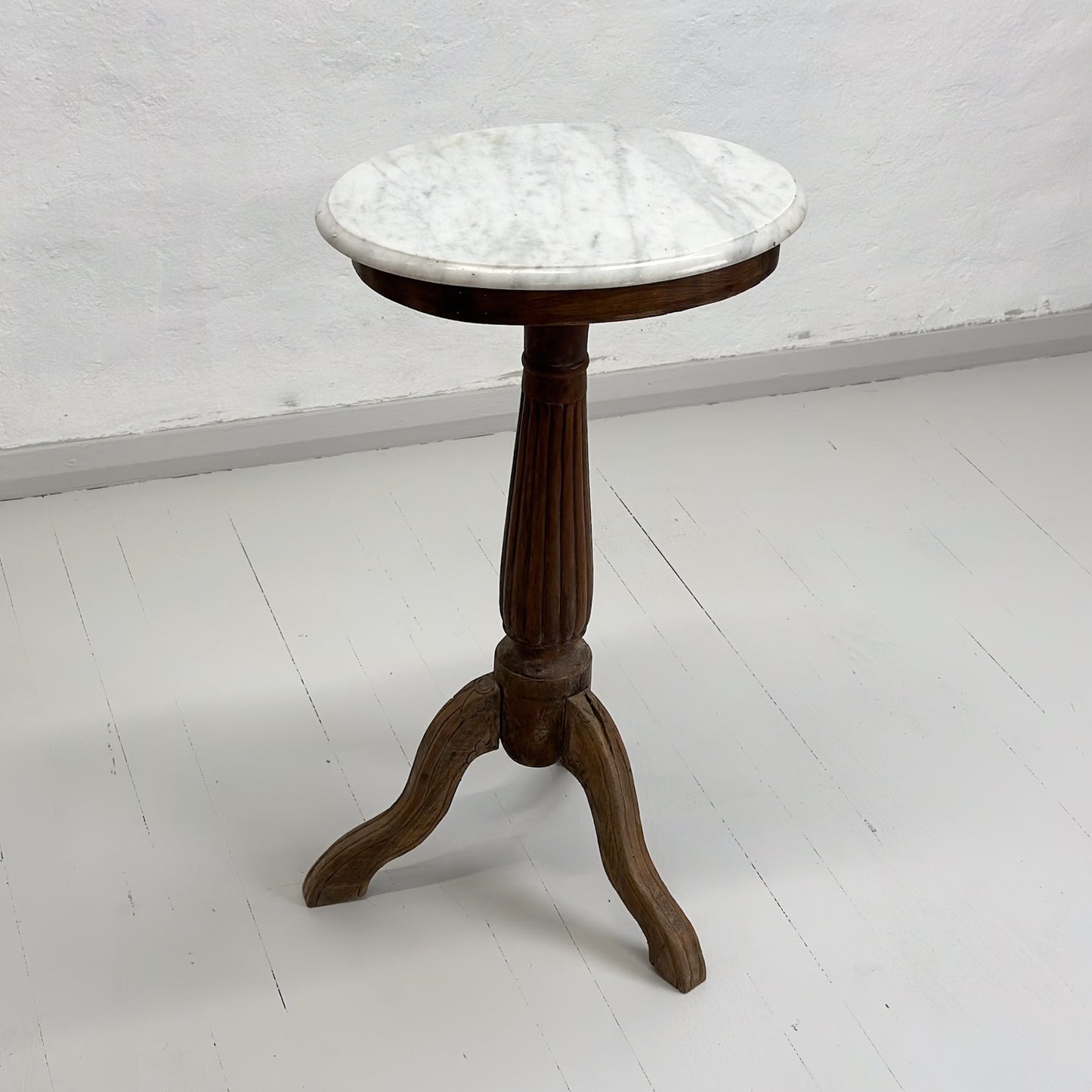 Vintage Teak Pedestal Vase Table with Marble Top