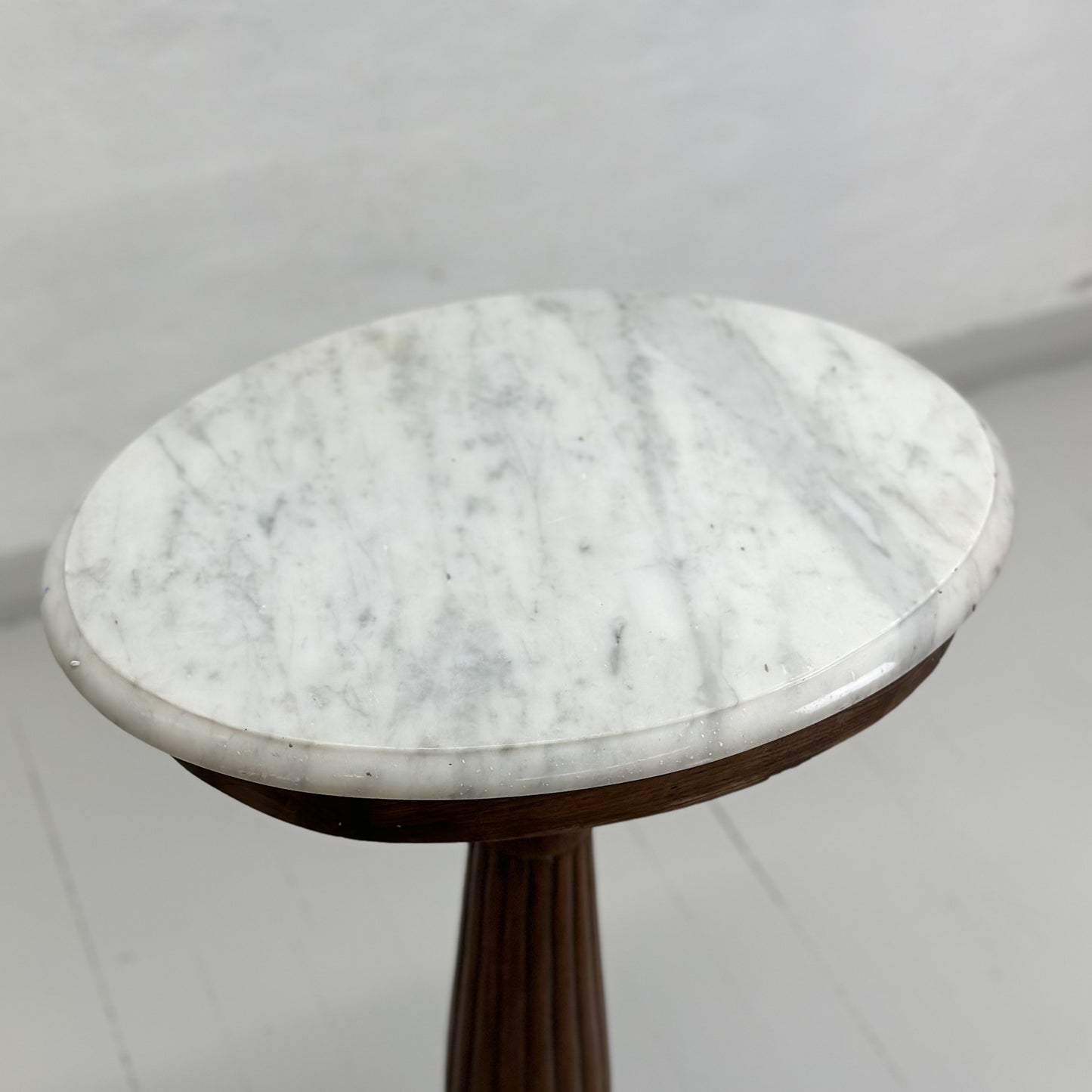 Vintage Teak Pedestal Vase Table with Marble Top