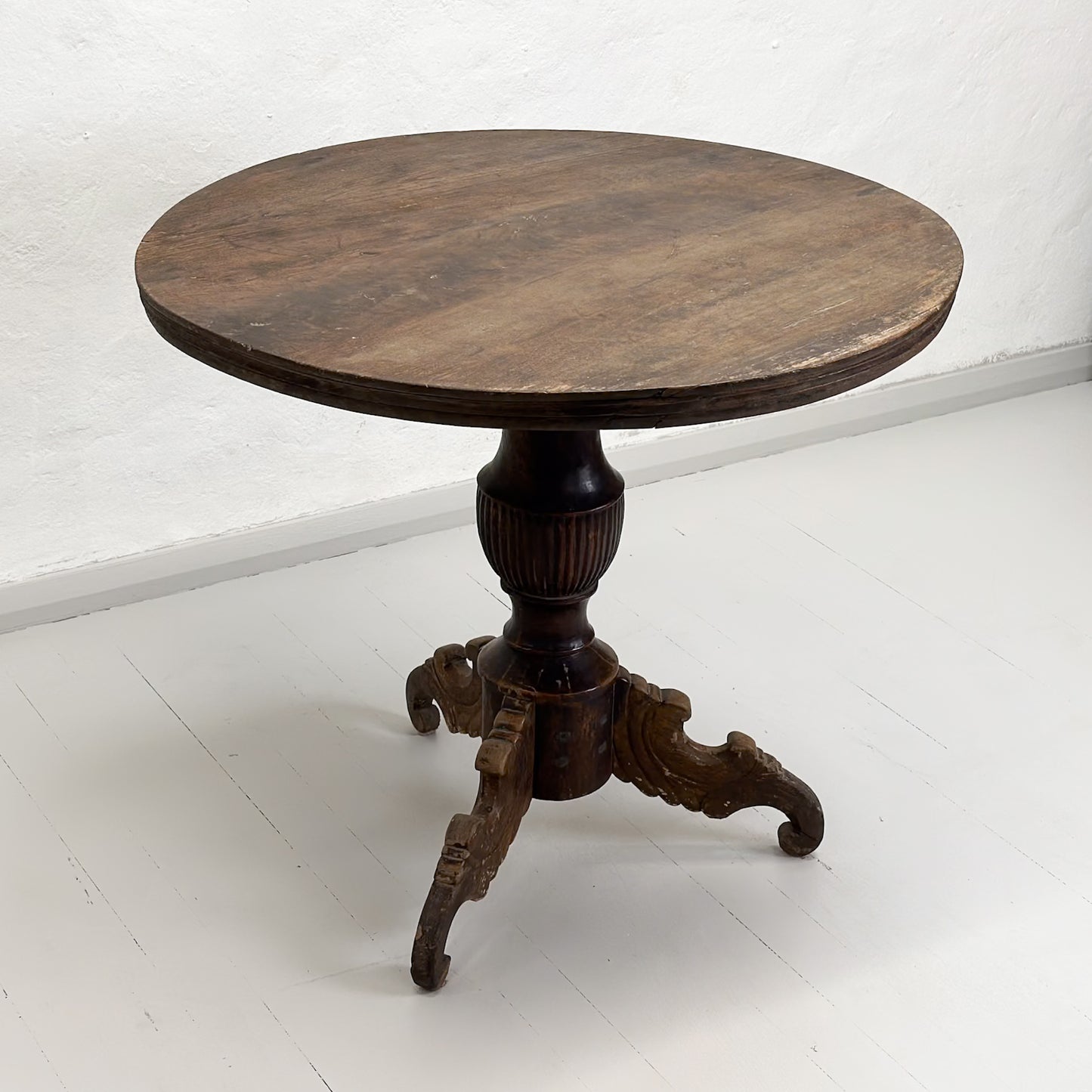 Vintage Teak Pedestal Table with Carved Leg