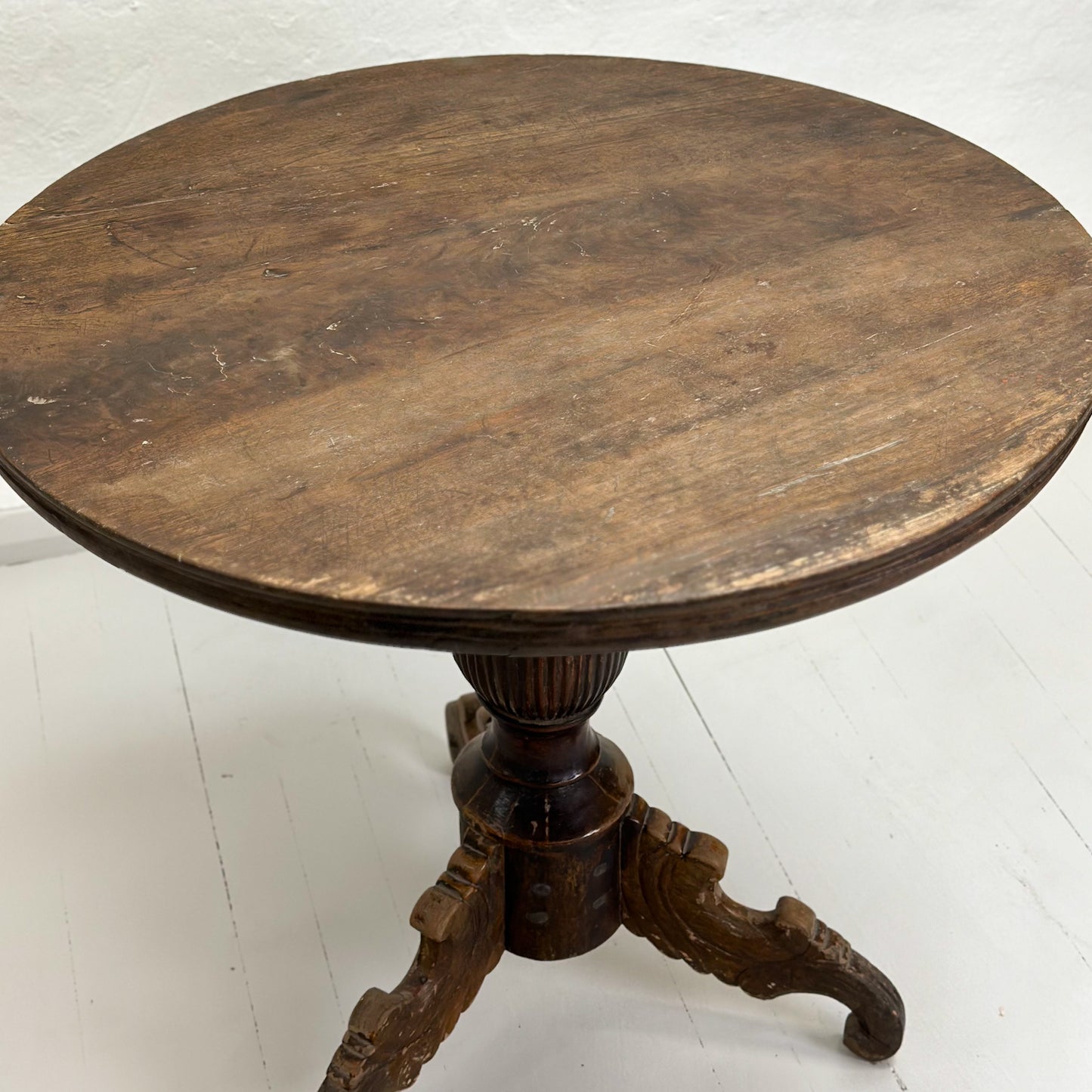 Vintage Teak Pedestal Table with Carved Leg